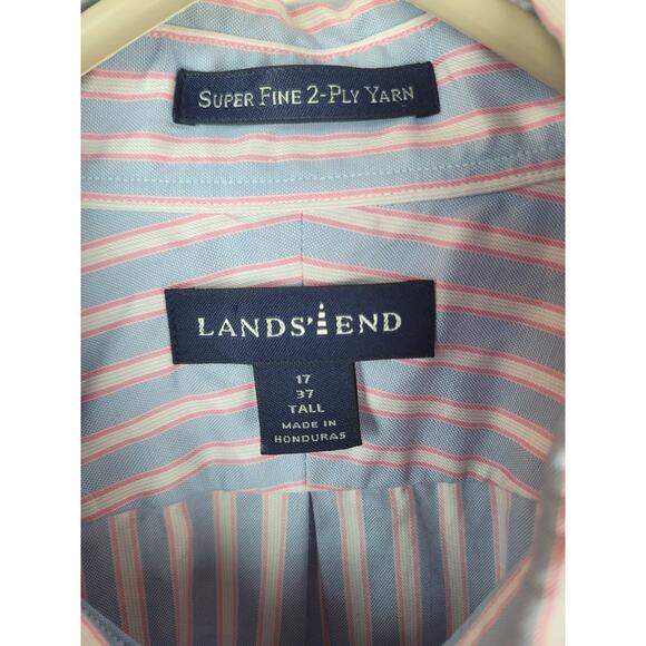 Lands End Mens Super Fine 2-Ply Yarn Striped Pink Blue Button Up Size 17/37 Tall - Picture 6 of 13